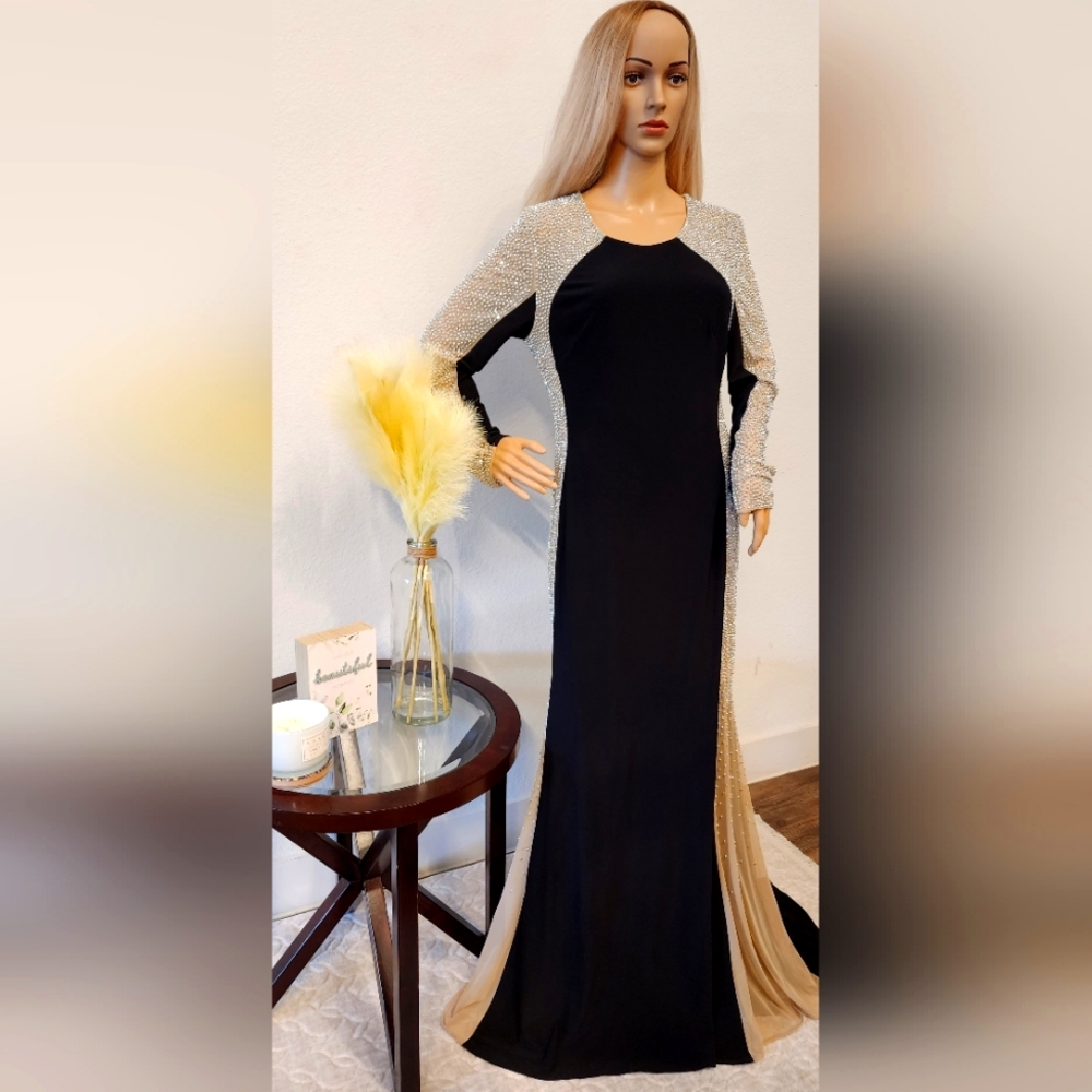 XSCAPE Rhinestone Contrast Gown Black-Nude-Silver Women Dress size 12